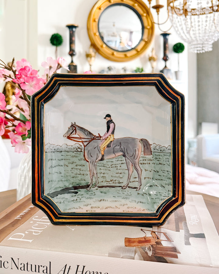 Vintage Chinese Export Equestrian Square Catchall Dish