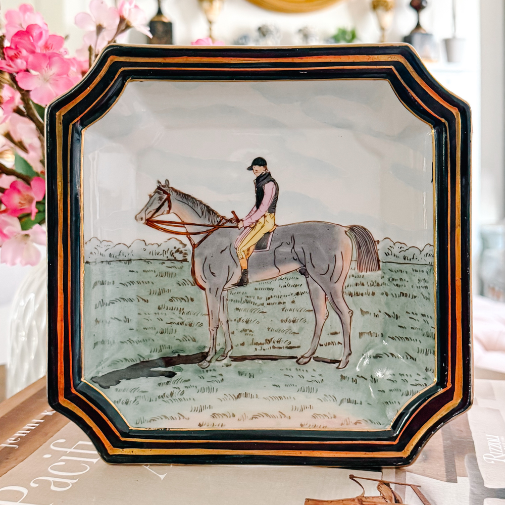 Vintage Chinese Export Equestrian Square Catchall Dish