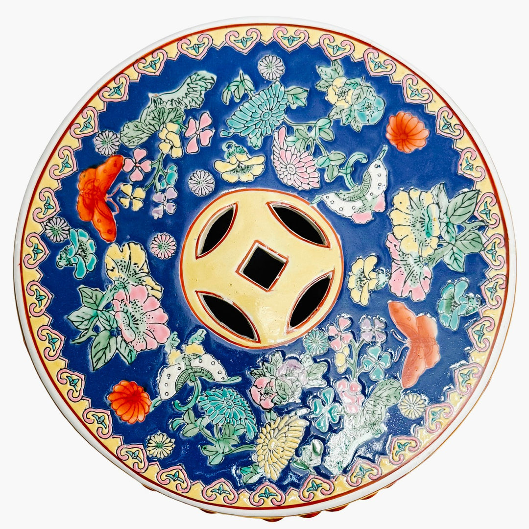 Chinese Famille Rose Cobalt Blue Millefleurs & Butterfly Porcelain Garden Stool
