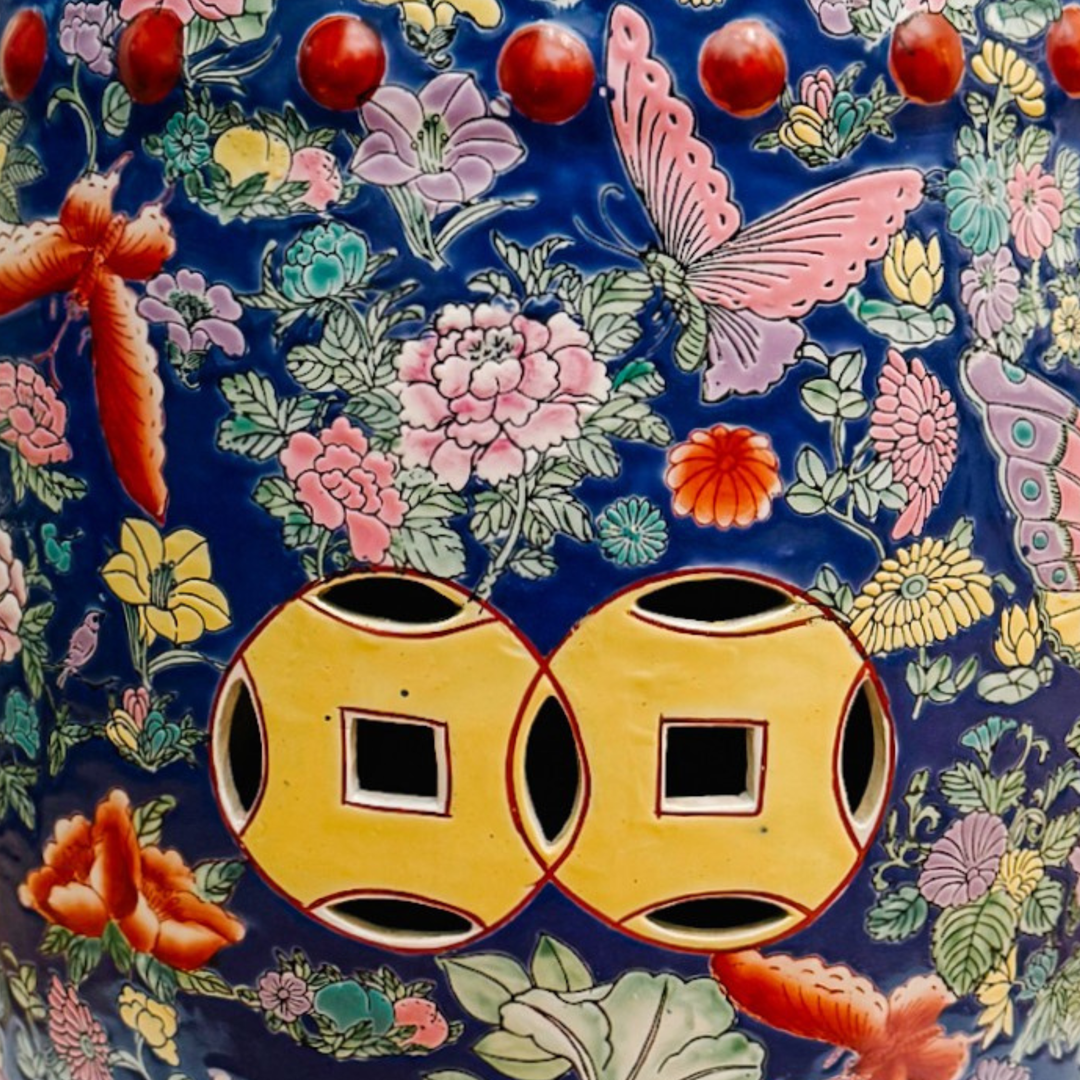 Chinese Famille Rose Cobalt Blue Millefleurs & Butterfly Porcelain Garden Stool
