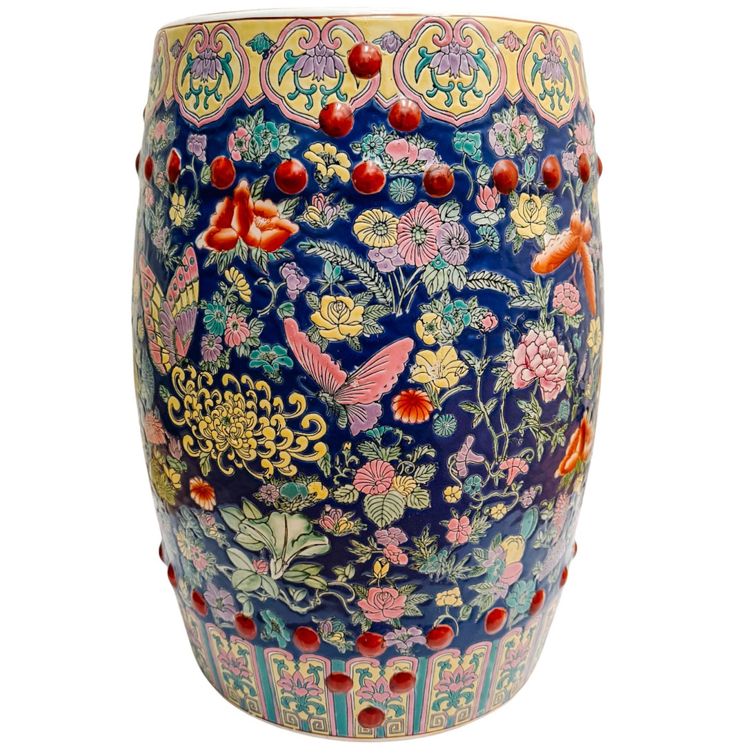 Chinese Famille Rose Cobalt Blue Millefleurs & Butterfly Porcelain Garden Stool