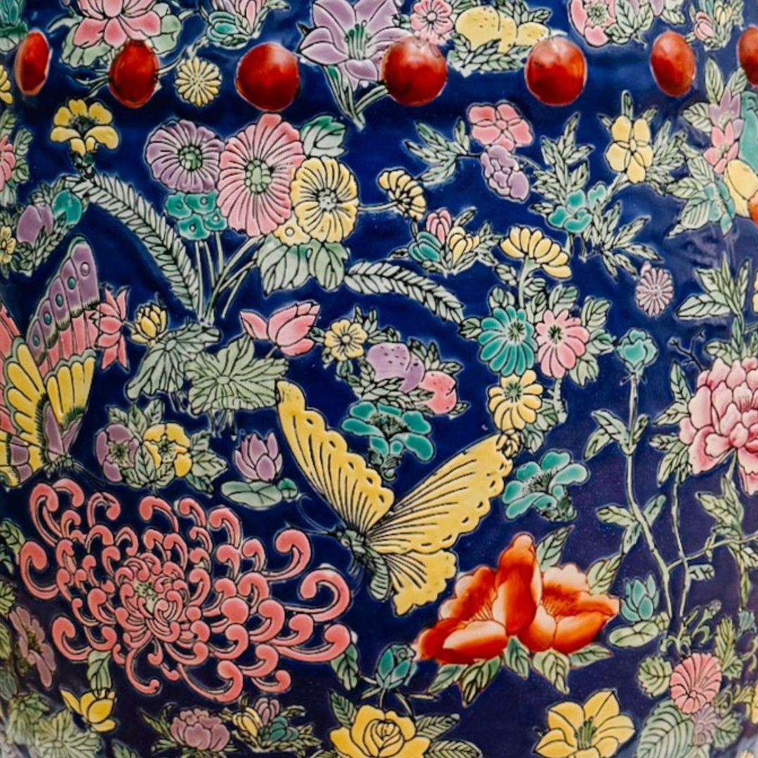 Chinese Famille Rose Cobalt Blue Millefleurs & Butterfly Porcelain Garden Stool