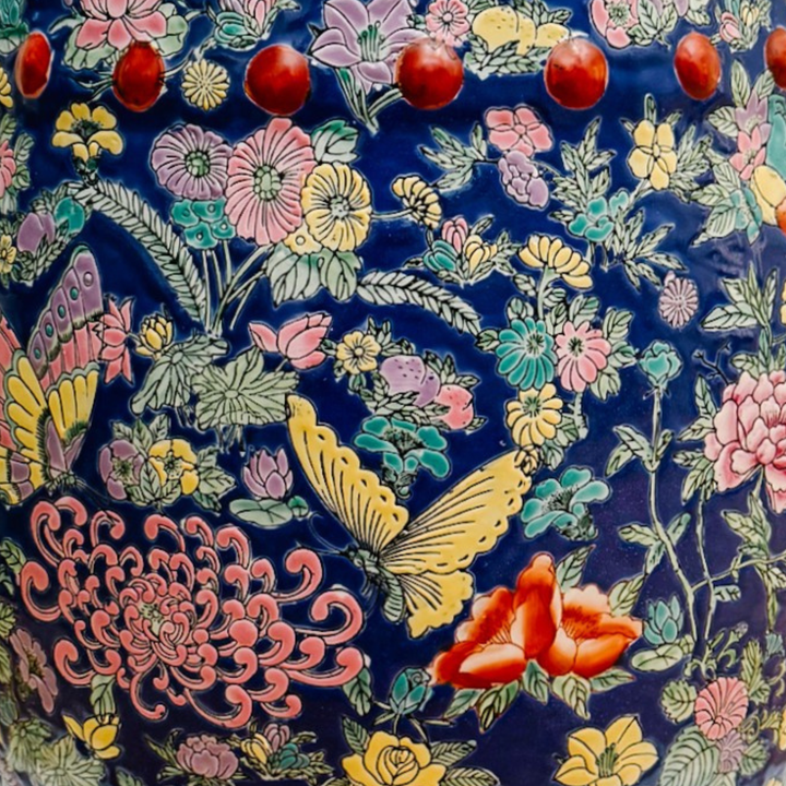 Chinese Famille Rose Cobalt Blue Millefleurs & Butterfly Porcelain Garden Stool