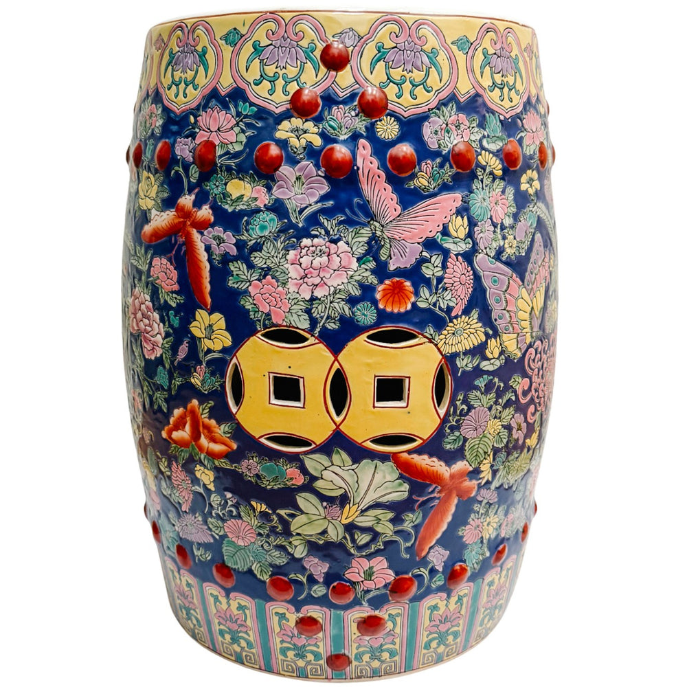 Chinese Famille Rose Cobalt Blue Millefleurs & Butterfly Porcelain Garden Stool