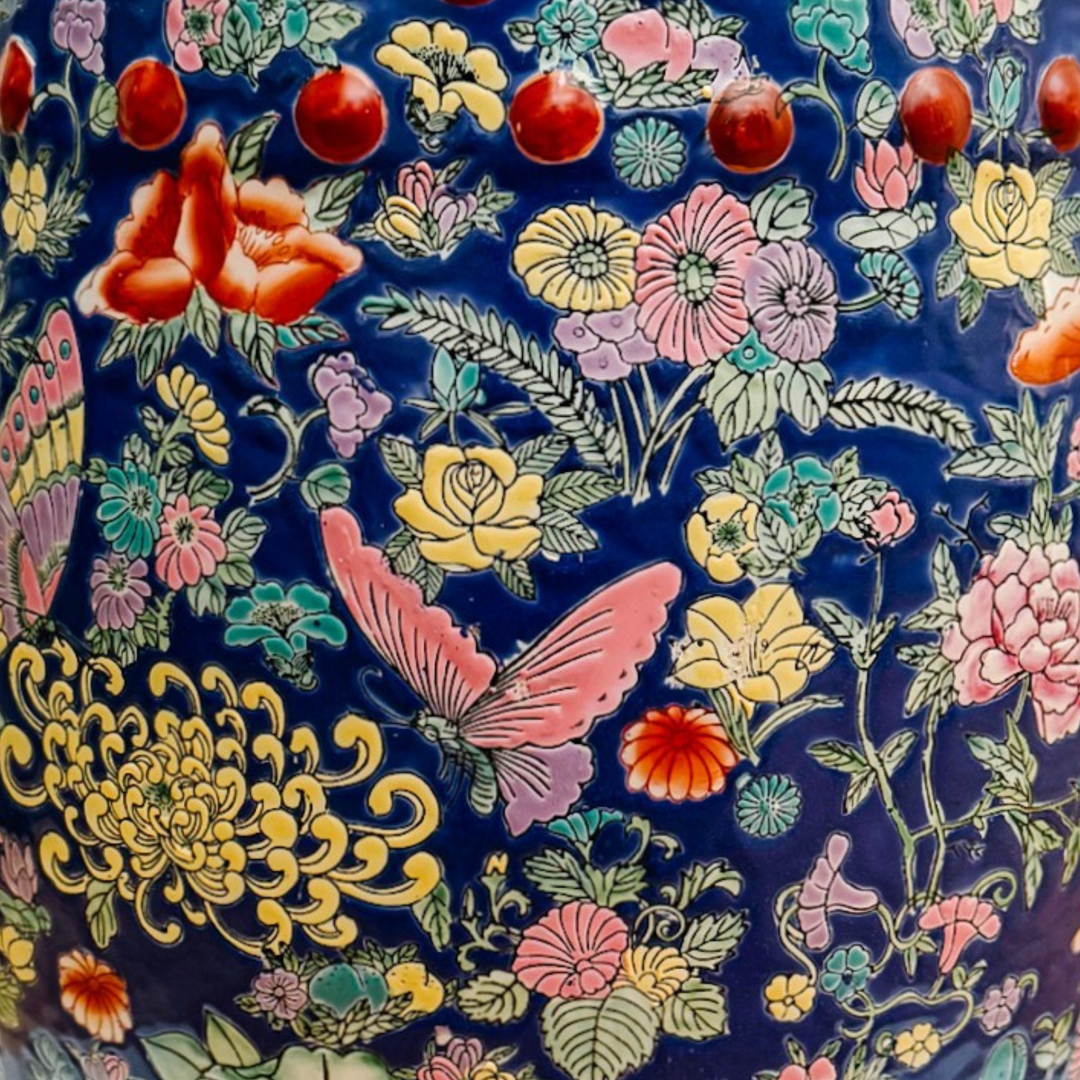 Chinese Famille Rose Cobalt Blue Millefleurs & Butterfly Porcelain Garden Stool