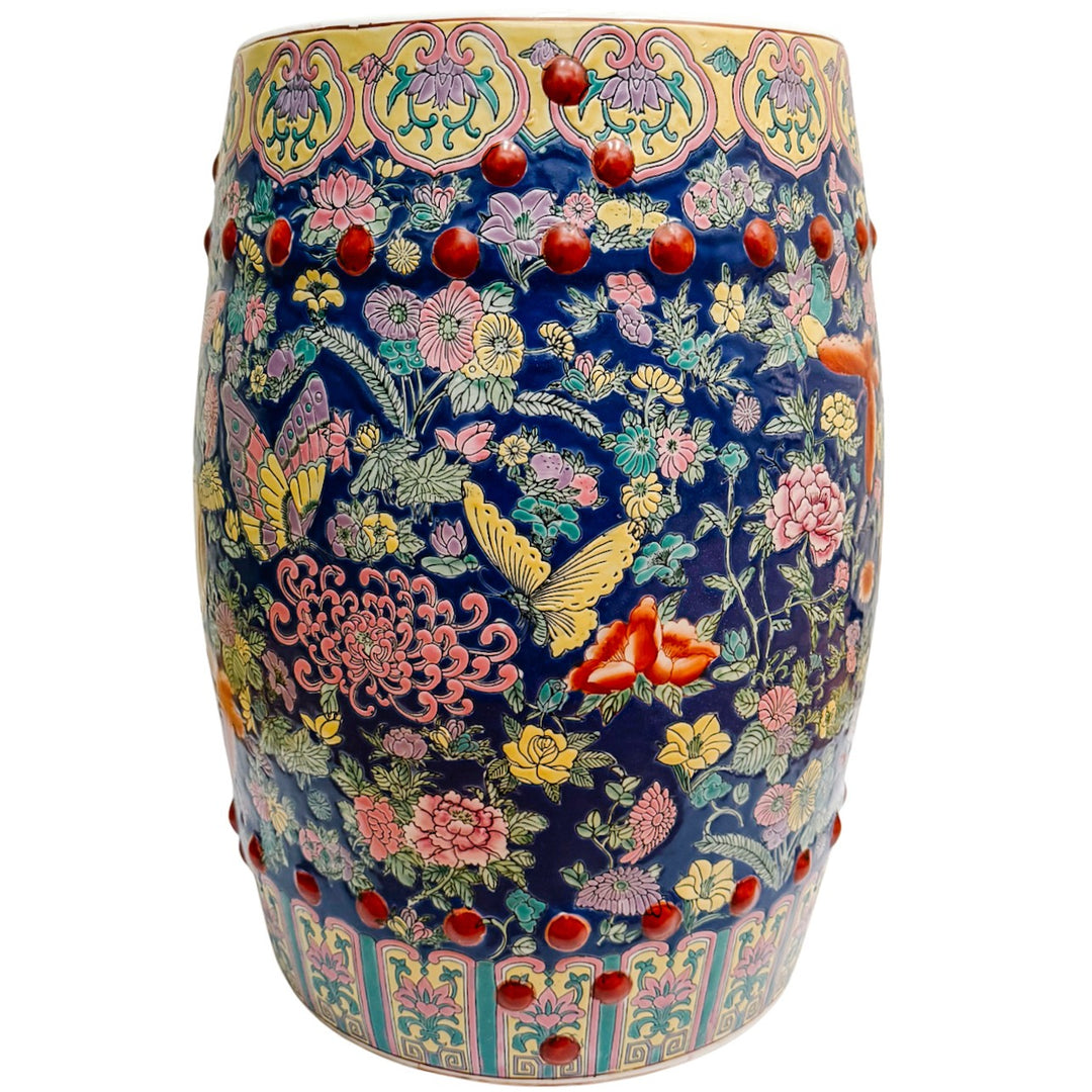 Chinese Famille Rose Cobalt Blue Millefleurs & Butterfly Porcelain Garden Stool