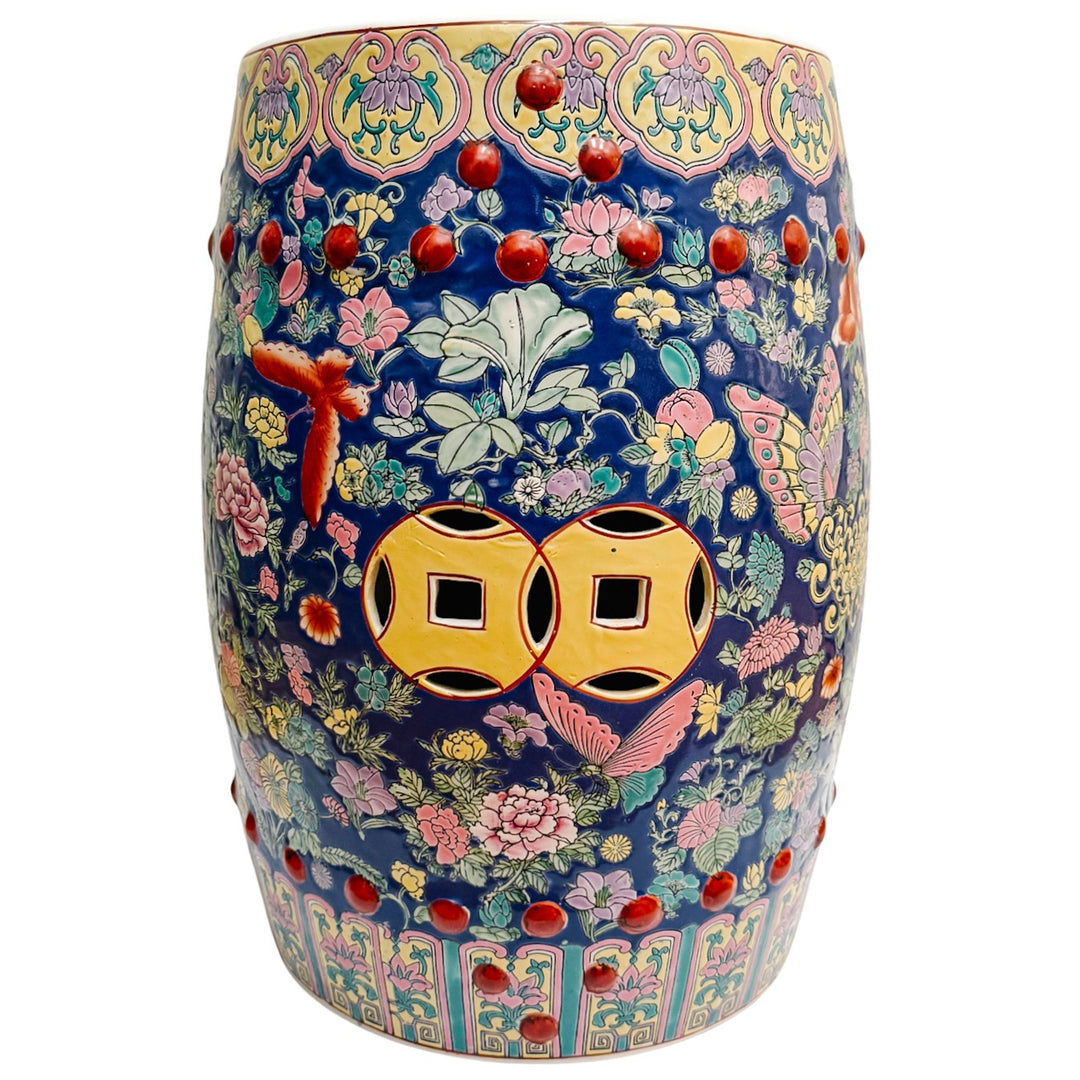 Chinese Famille Rose Cobalt Blue Millefleurs & Butterfly Porcelain Garden Stool