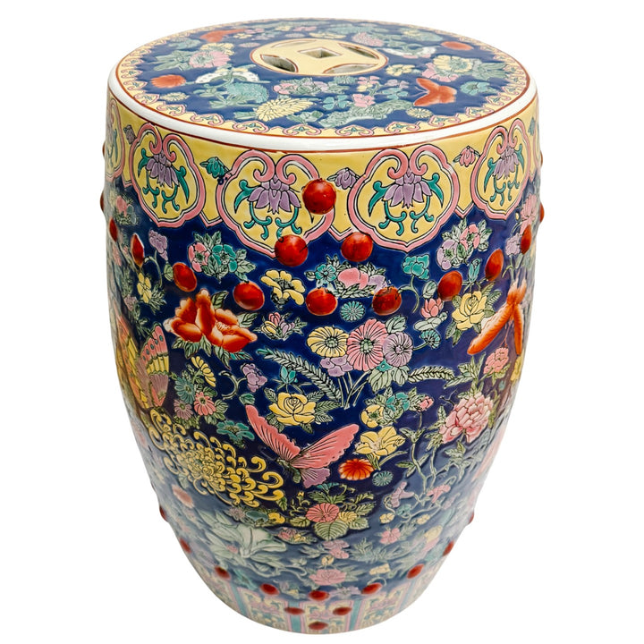 Chinese Famille Rose Cobalt Blue Millefleurs & Butterfly Porcelain Garden Stool