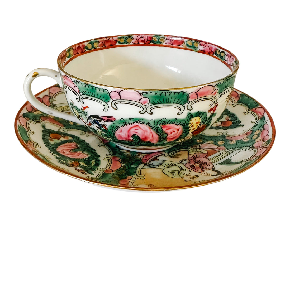 Chinese Famille Rose Medallion Tea Cup & Saucer