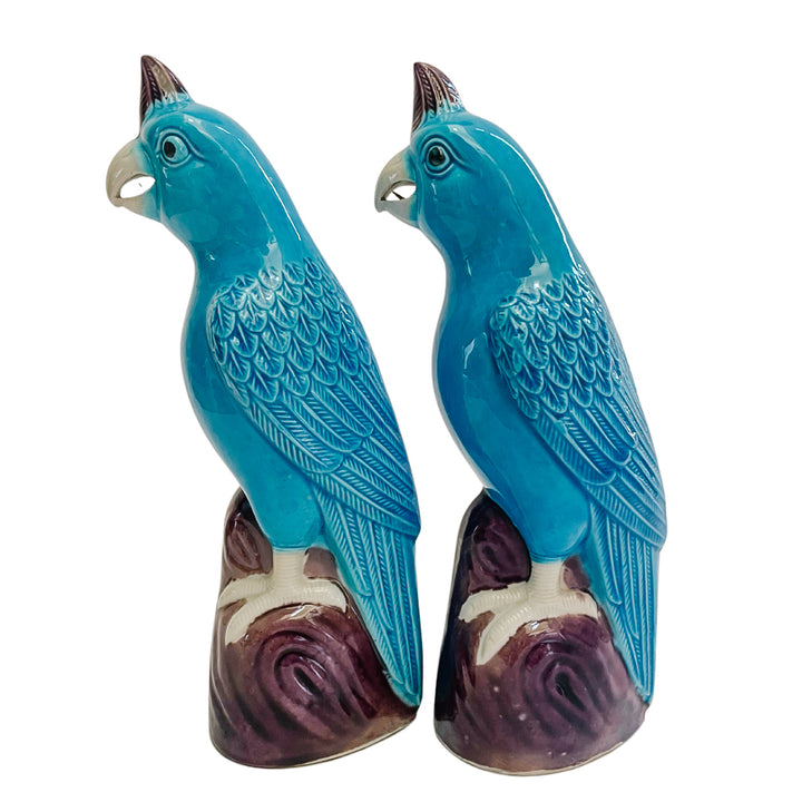 Chinese Porcelain Turquoise Cockatoo Parrot Figurines