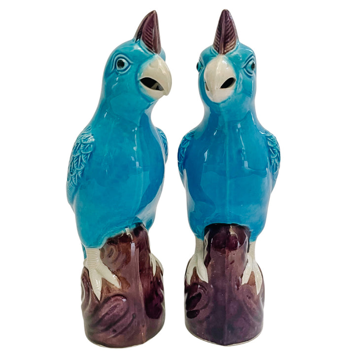 Chinese Porcelain Turquoise Cockatoo Parrot Figurines