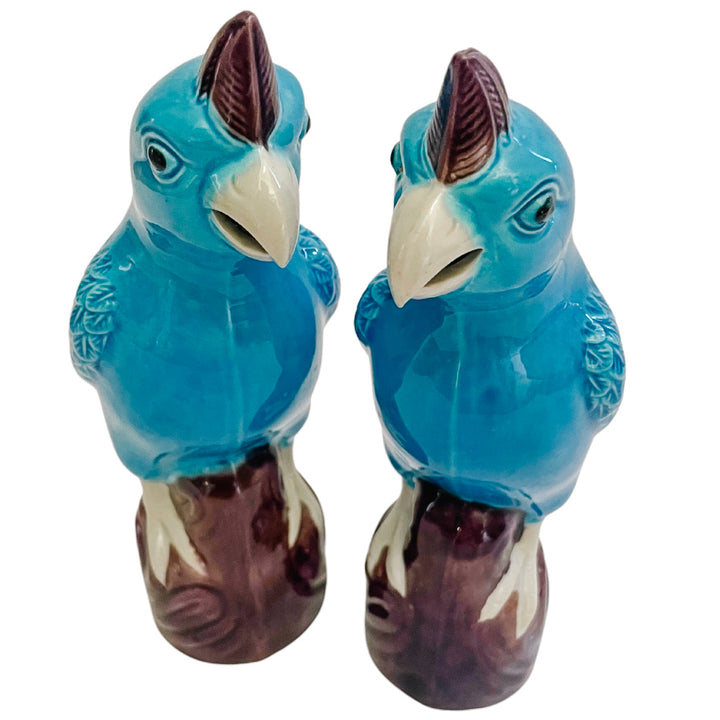 Chinese Porcelain Turquoise Cockatoo Parrot Figurines