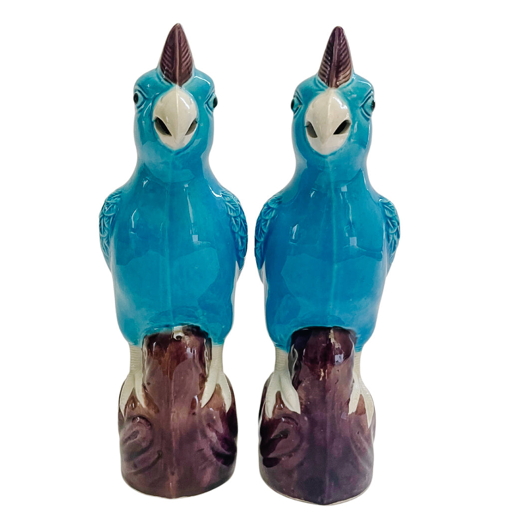 Chinese Porcelain Turquoise Cockatoo Parrot Figurines