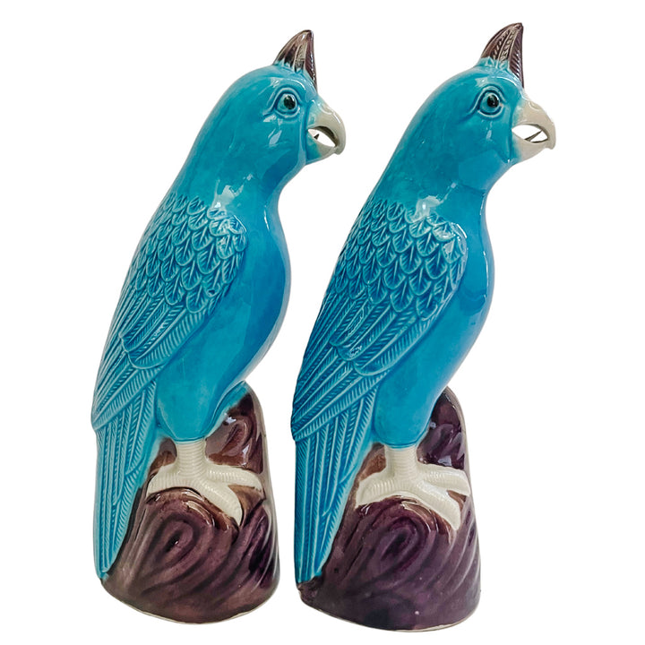 Chinese Porcelain Turquoise Cockatoo Parrot Figurines