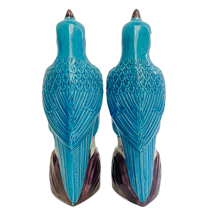 Chinese Porcelain Turquoise Cockatoo Parrot Figurines