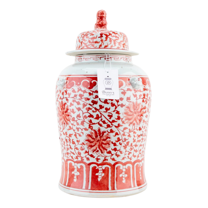 Large 18" Chinese Red & White Floral Temple Jar