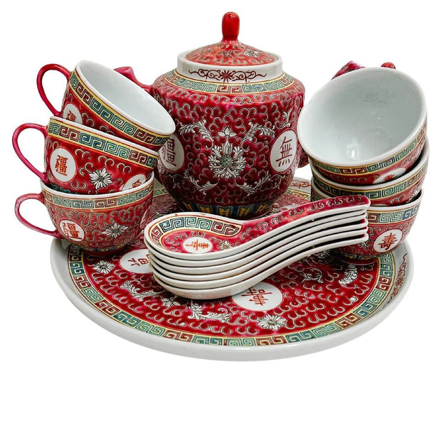 Chinese Wan Shou Wu Jiang Red Enamel Tea Set