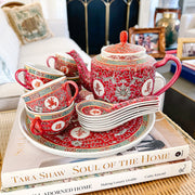 Chinese Wan Shou Wu Jiang Red Enamel Tea Set