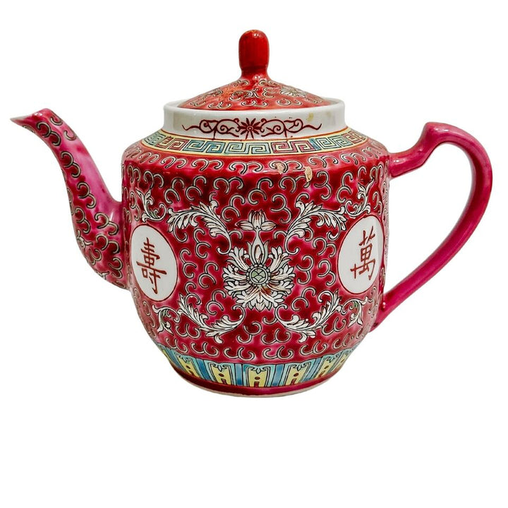 Chinese Wan Shou Wu Jiang Red Enamel Tea Set