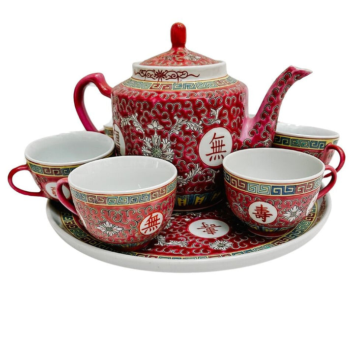 Chinese Wan Shou Wu Jiang Red Enamel Tea Set