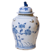 20" Chinoiserie Blue & White Cherry Blossom Temple Jar