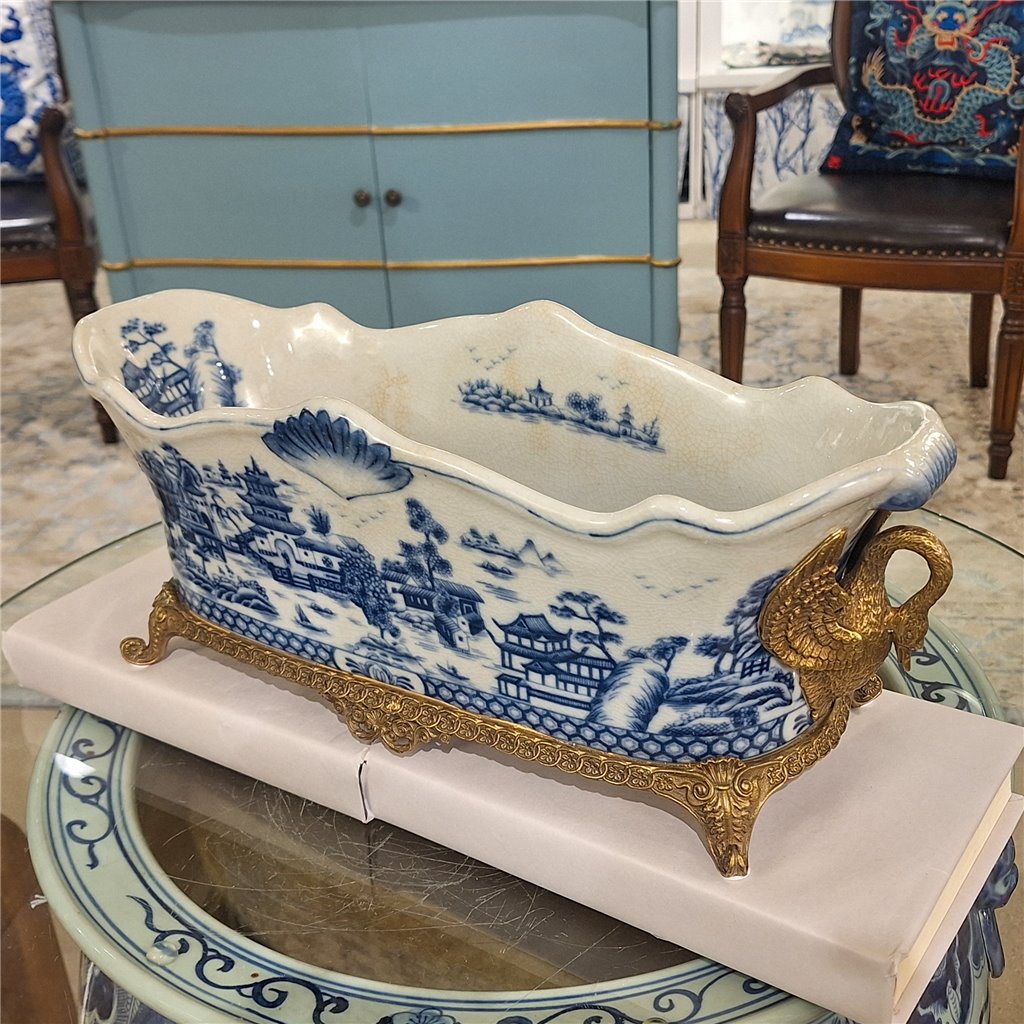 Blue & White Oblong Planter With Swan Bronze Ormolu (4)