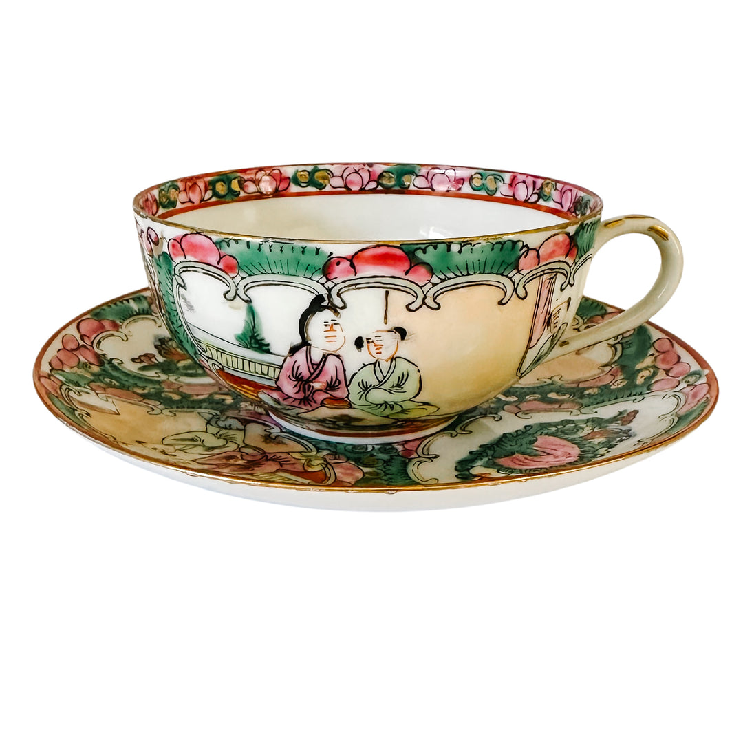 Chinese Famille Rose Tea Cup Saucer Canton top Medallion People Birds China Stamp