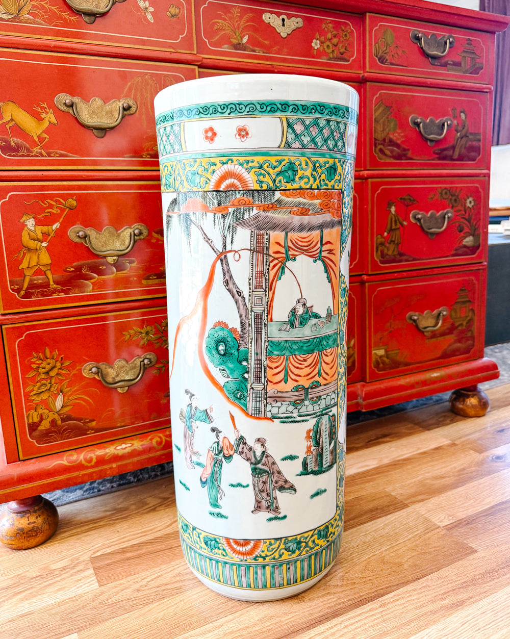 Chinese Famille Verte Porcelain Umbrella Stand