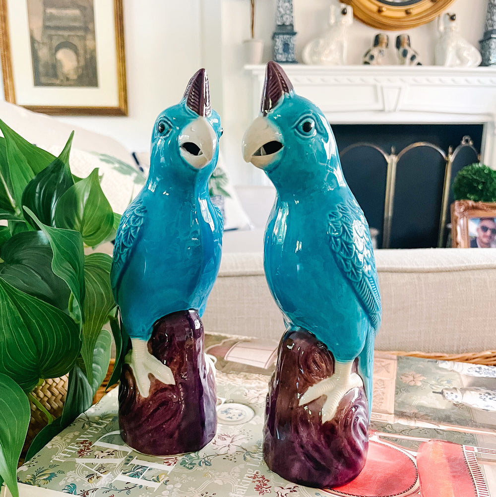 Chinese Porcelain Turquoise Cockatoo Parrot Figurines