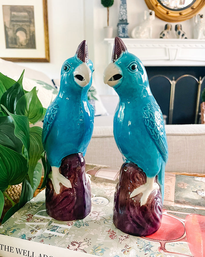 Chinese Porcelain Turquoise Cockatoo Parrot Figurines