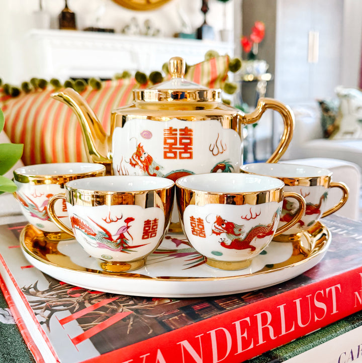 Chinese Wedding Ceremony Gold Dragon Tea Set
