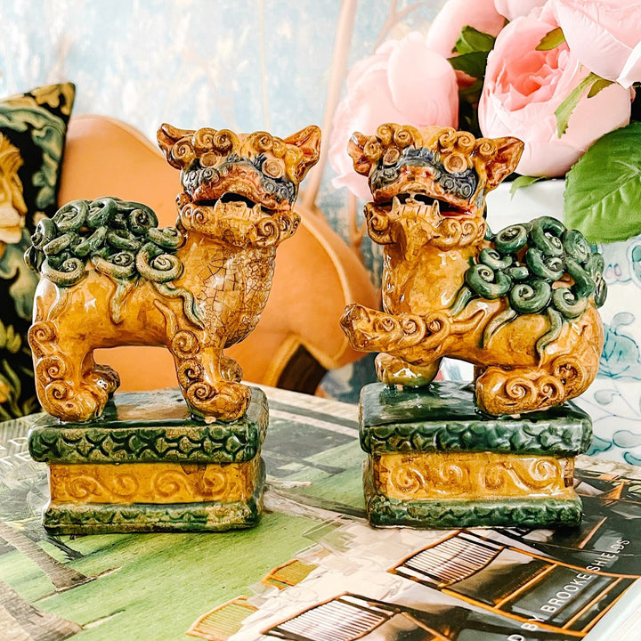 Pair Of 5.5” Brown & Green Glazed Foo Dogs On Pedestal