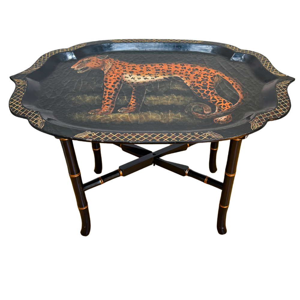 Chinoiserie Black Lacquered Faux Bamboo Table With Removable Leopard Tray