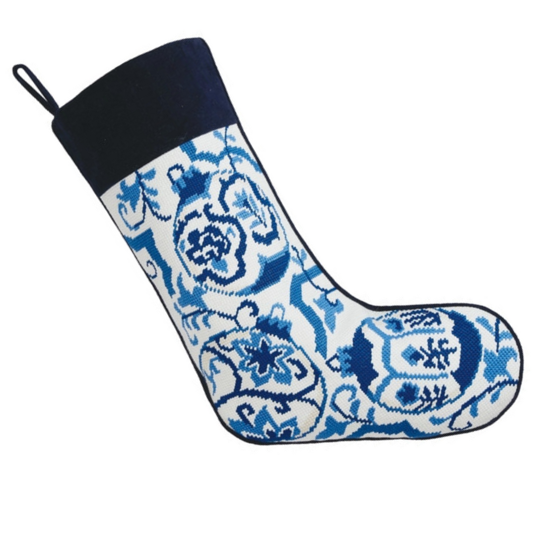 Chinoiserie Blue & White Embroidered Needlepoint Stocking