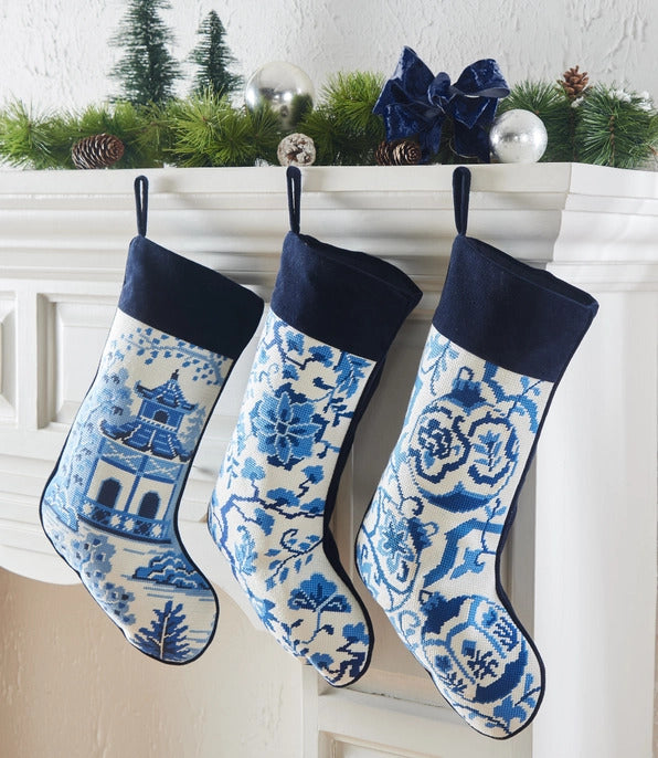 Chinoiserie Blue & White Embroidered Needlepoint Stocking