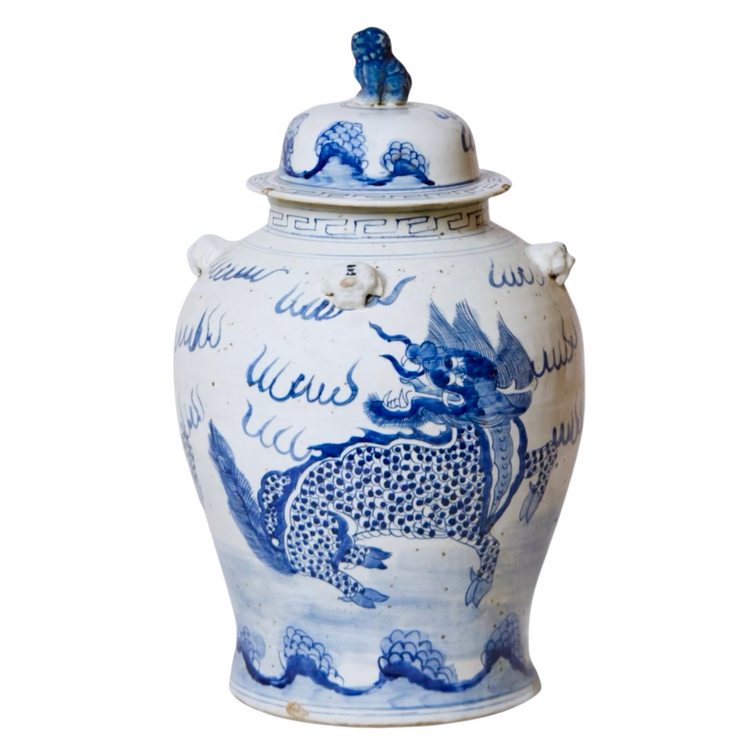 Chinoiserie Blue & White Mythological Qilin Temple Jar