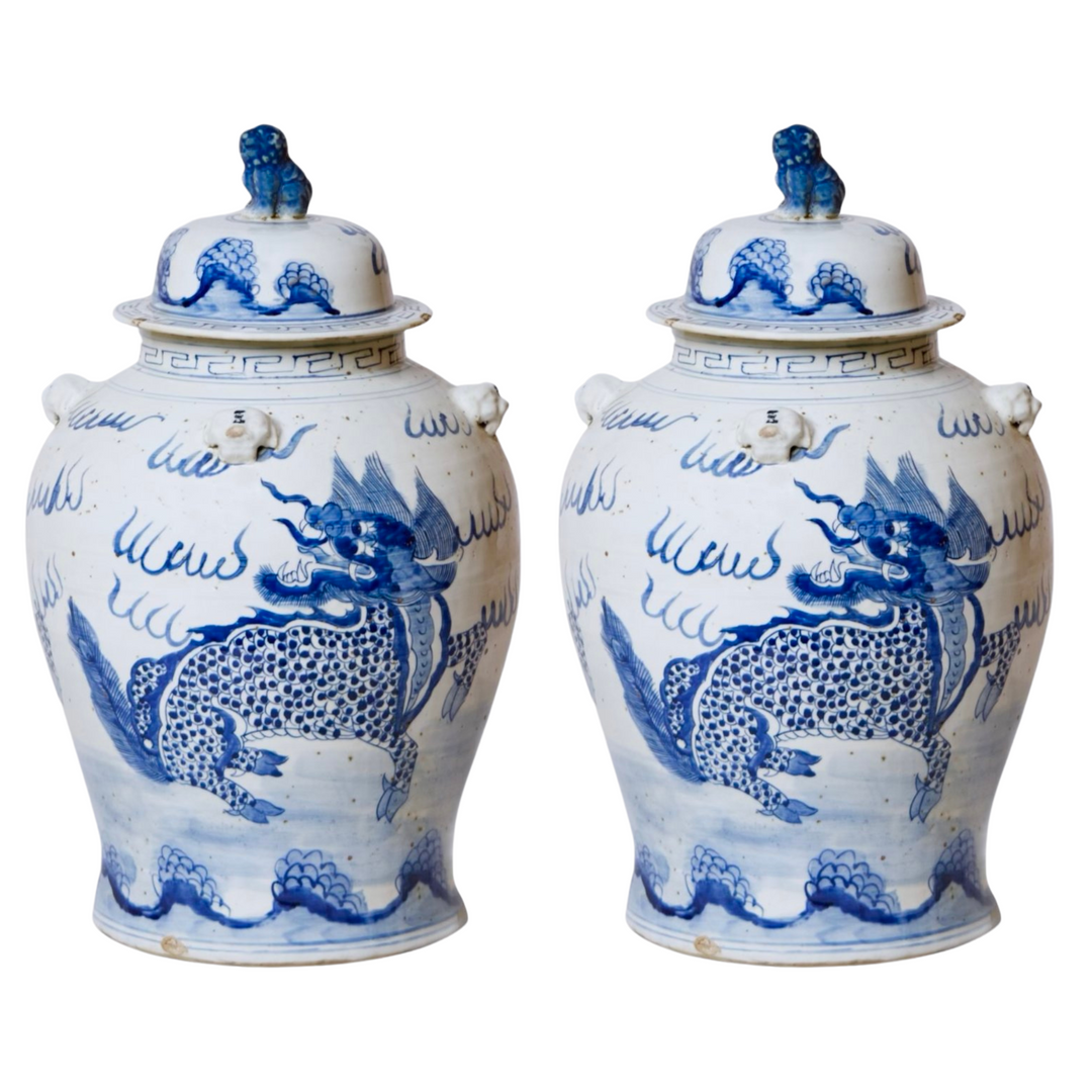 Chinoiserie Blue & White Mythological Qilin Temple Jar