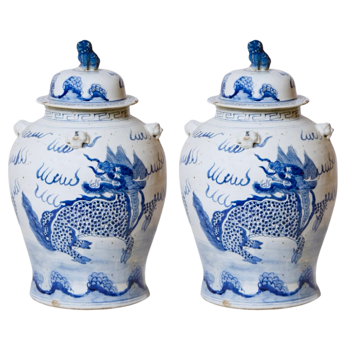 Chinoiserie Blue & White Mythological Qilin Temple Jar