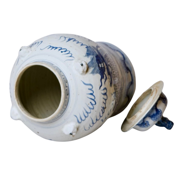 Chinoiserie Blue & White Mythological Qilin Temple Jar