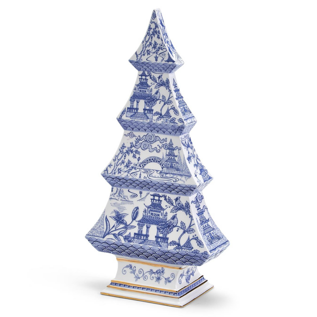 Chinoiserie Blue & White Pagoda Ceramic Tree