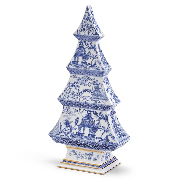 Chinoiserie Blue & White Pagoda Ceramic Tree