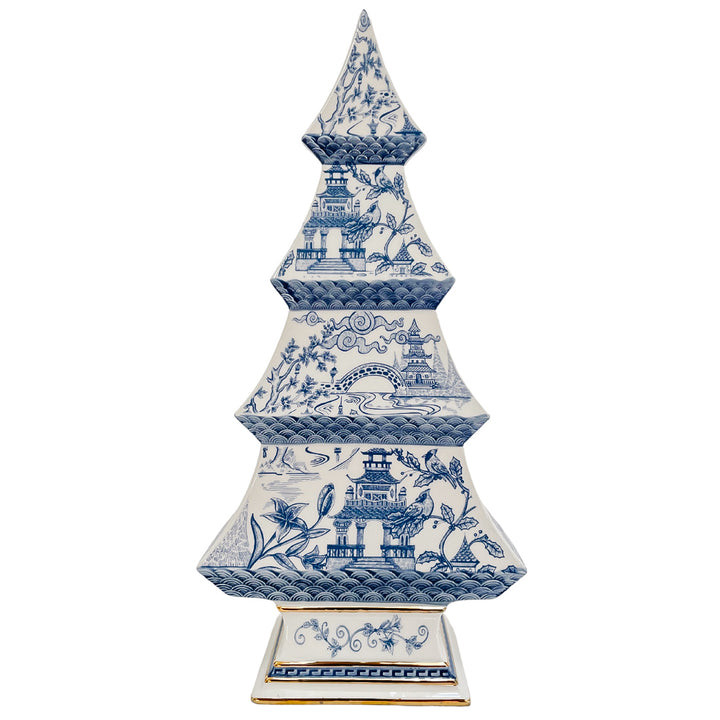 Chinoiserie Blue & White Pagoda Ceramic Tree