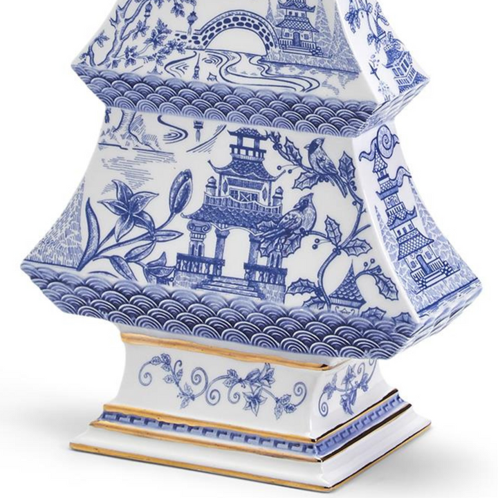 Chinoiserie Blue & White Pagoda Ceramic Tree