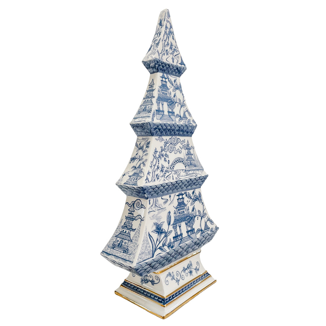 Chinoiserie Blue & White Pagoda Ceramic Tree