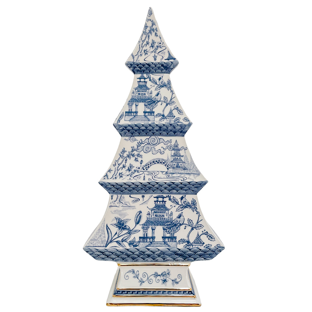 Chinoiserie Blue & White Pagoda Ceramic Tree