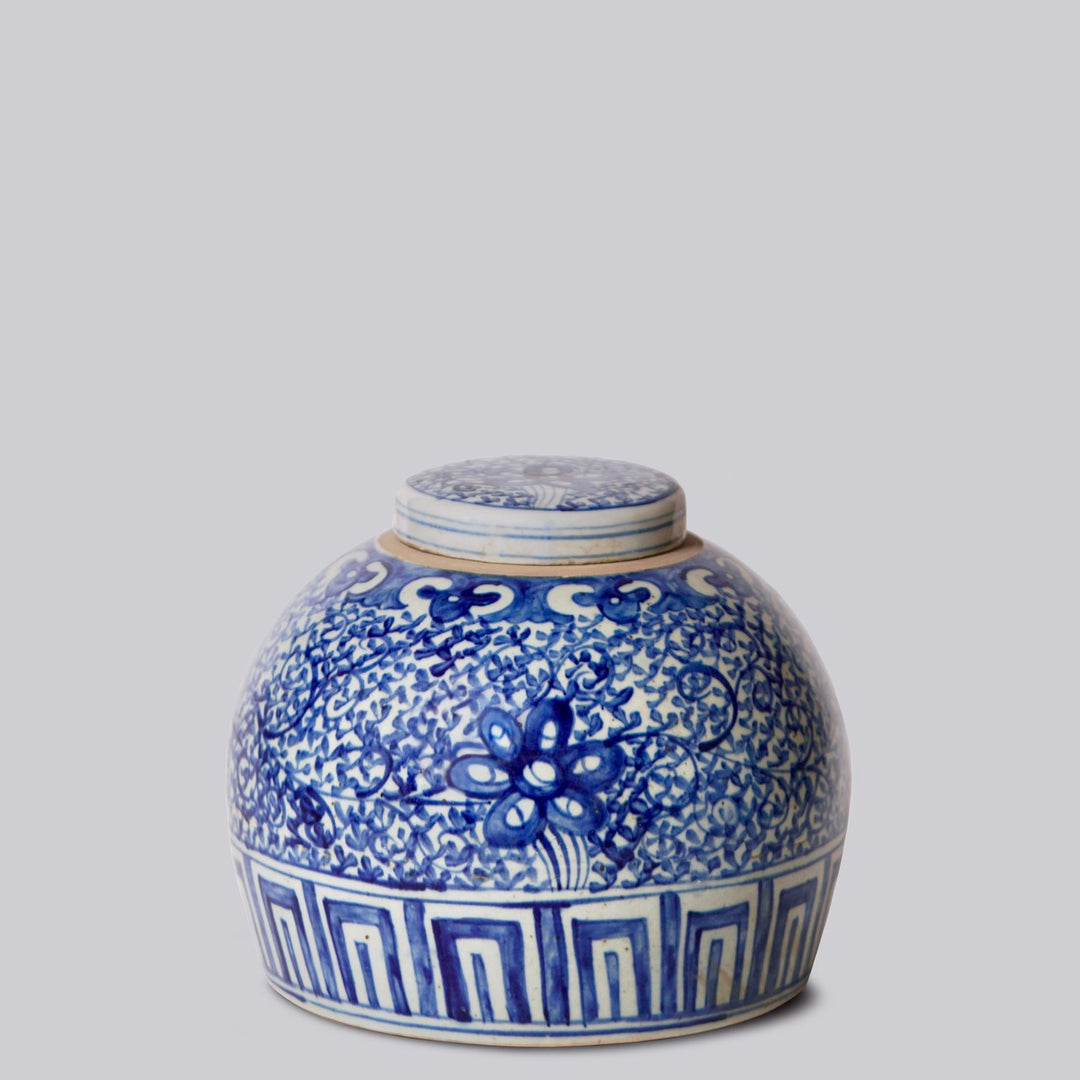 Chinese Blue & White Stylized Floral Lidded Jar