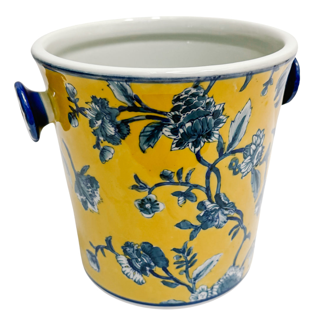 Chinoiserie Blue & Yellow Floral Porcelain Ice Bucket With Handles