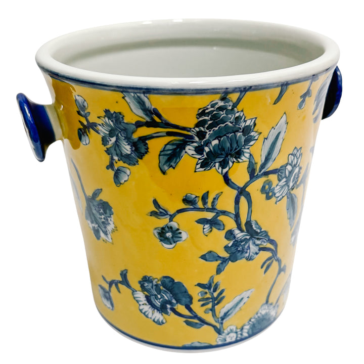 Chinoiserie Blue & Yellow Floral Porcelain Ice Bucket With Handles