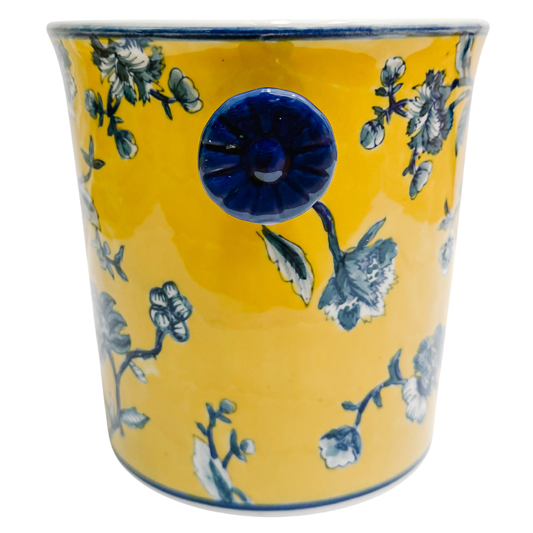 Chinoiserie Blue & Yellow Floral Porcelain Ice Bucket With Handles