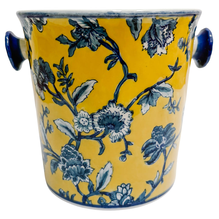 Chinoiserie Blue & Yellow Floral Porcelain Ice Bucket With Handles